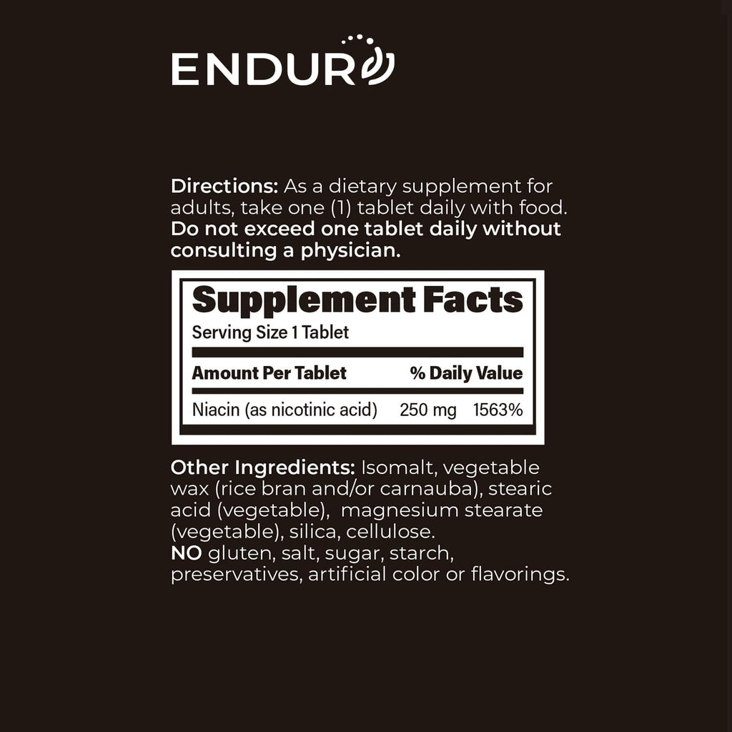 Endur Plain Niacin (Nicotinic Acid), Heart Health & Healthy Cholesterol Balance Supplement, Immediate-Release Formula, Gluten Free, 250mg (100 Tablets)