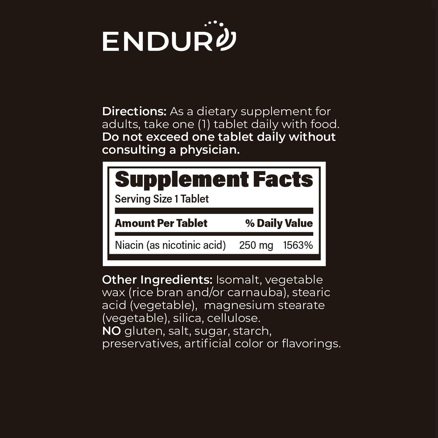 Endur Plain Niacin (Nicotinic Acid), Heart Health & Healthy Cholesterol Balance Supplement, Immediate-Release Formula, Gluten Free, 250mg (100 Tablets)