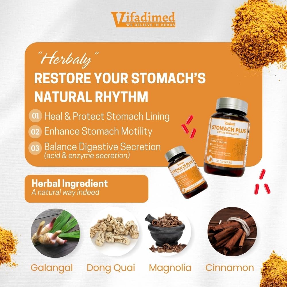Stomach Plus, Stomach Lining Support, Acid Digestive Balance, with Galangal, Dong Quai, Cinnamon & Magnolia-4 Bottles