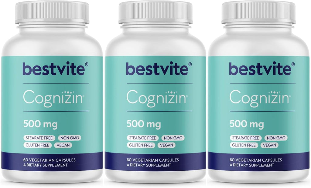 BESTVITE Cognizin 500mg (180 Vegetarian Capsules) (60x3) - Clinically Studied Premium Choline Nootropic - No Stearates - Vegan - Non GMO - Gluten Free - Brain Supplements for Memory and Focus