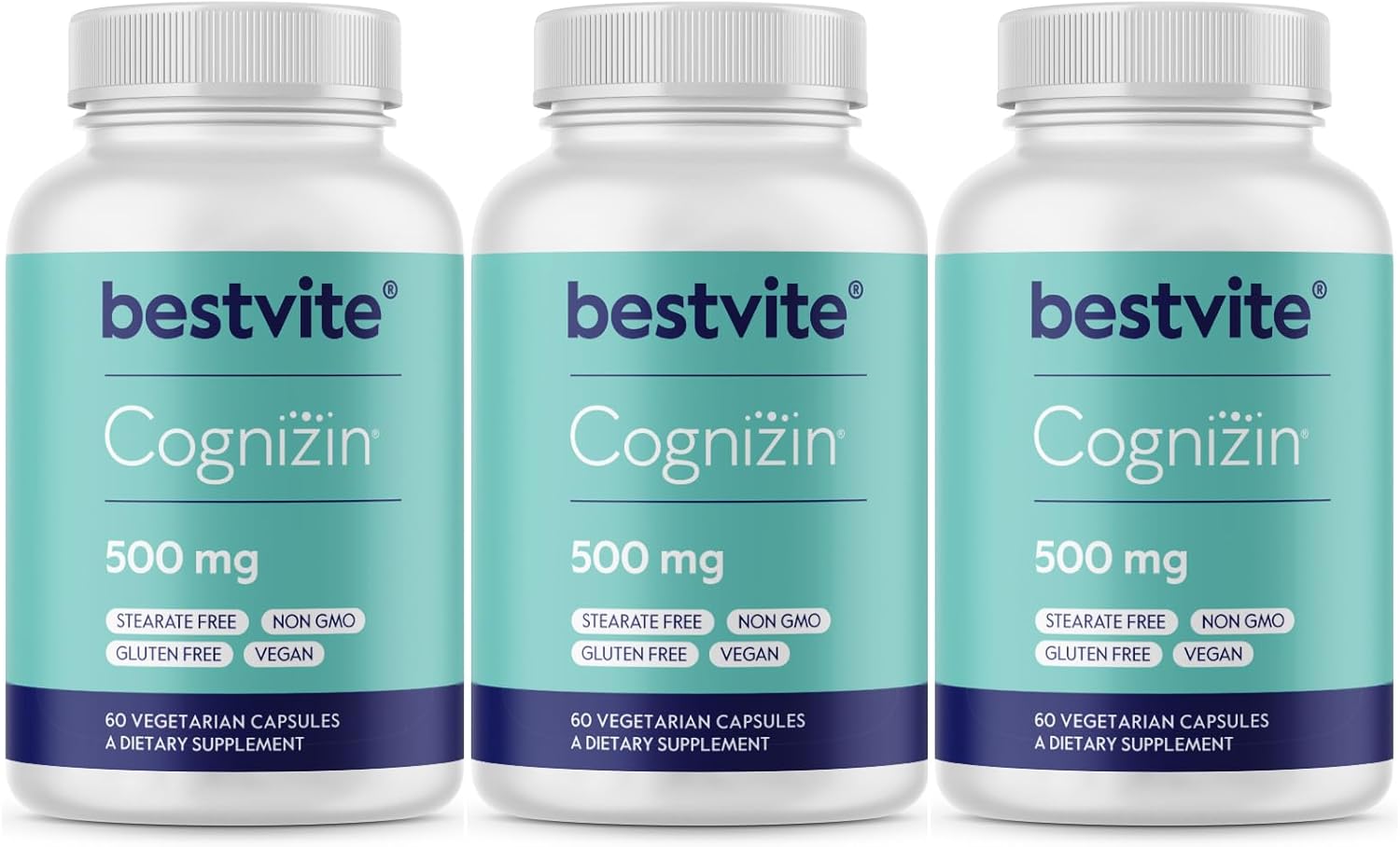 BESTVITE Cognizin 500mg (180 Vegetarian Capsules) (60x3) - Clinically Studied Premium Choline Nootropic - No Stearates - Vegan - Non GMO - Gluten Free - Brain Supplements for Memory and Focus