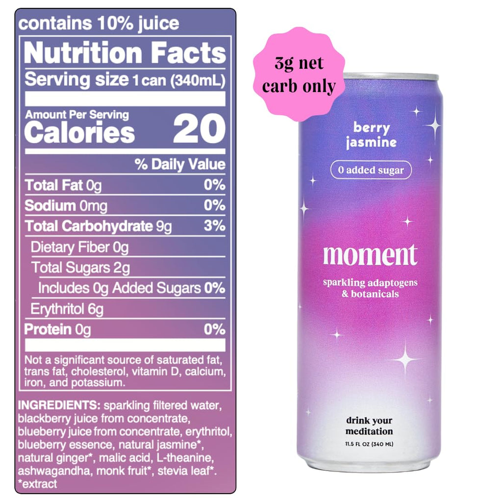 Moment Botanical Soda Soft Drink (Shark Tank) - SPARKLING Non Alcoholic Drinks | Berry Jasmine | L-Theanine & Ashwagandha for Calm & Clarity | 0 Added Sugar 0 Caffeine | 12-pack