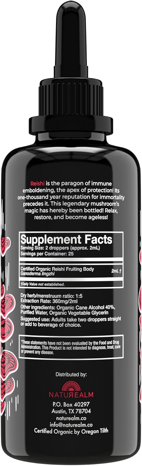 Naturealm Reishi Mushroom Liquid Tincture Supplement – Promotes Calmness, Immune Support & Sleep Aid, Vegan, Non-GMO – Organic Fruiting Bodies, 1 Month Supply