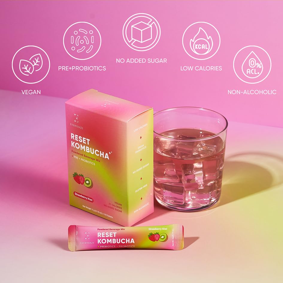 Everydaze Reset Kombucha Tea Powdered Beverage Mix | 10 Sticks | Prebiotics + Probiotics | Vegan | No Added Sugar, Gluten Free, Sparkling Powder Drink Pack (Strawberry Kiwi)