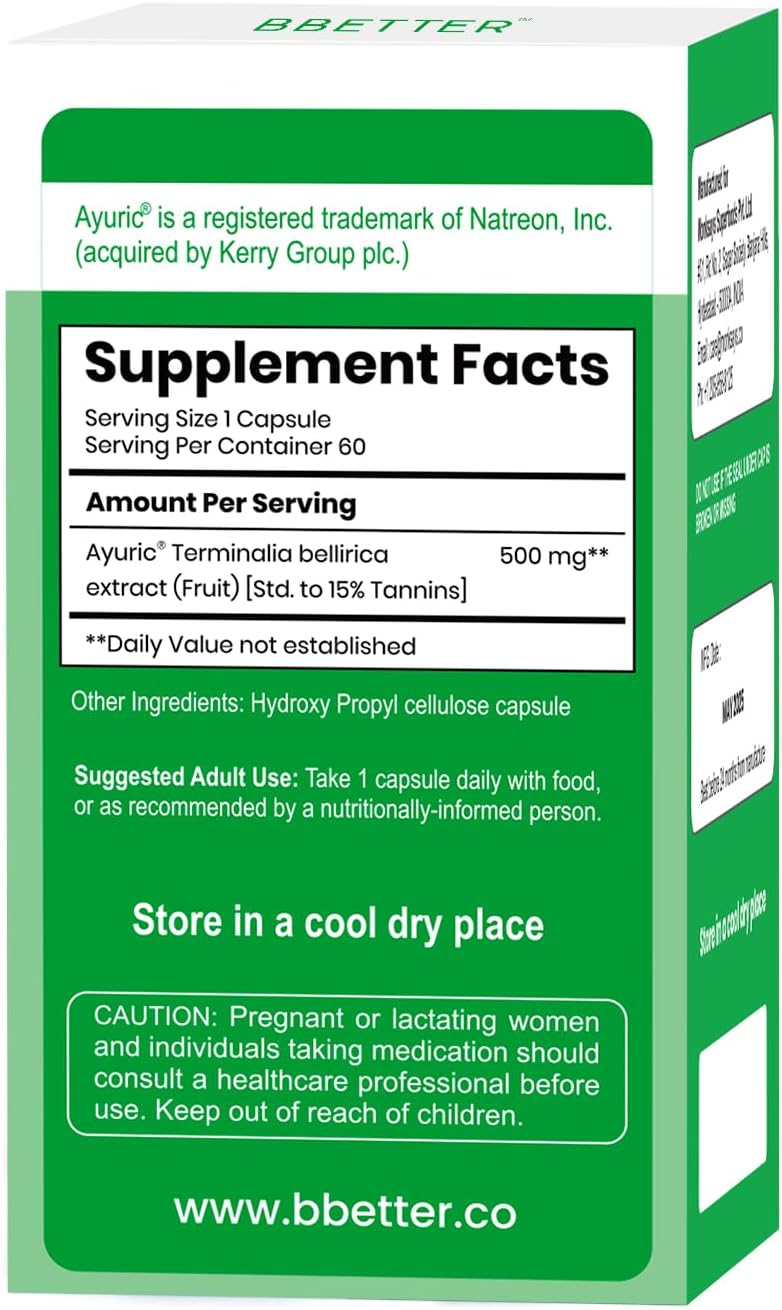 BBETTER UricUrja – Uric Acid Support Supplement with Ayuric® (Terminalia bellirica) – Lab-Tested Herbal Formula –Supports Kidney Health - 60 Capsules