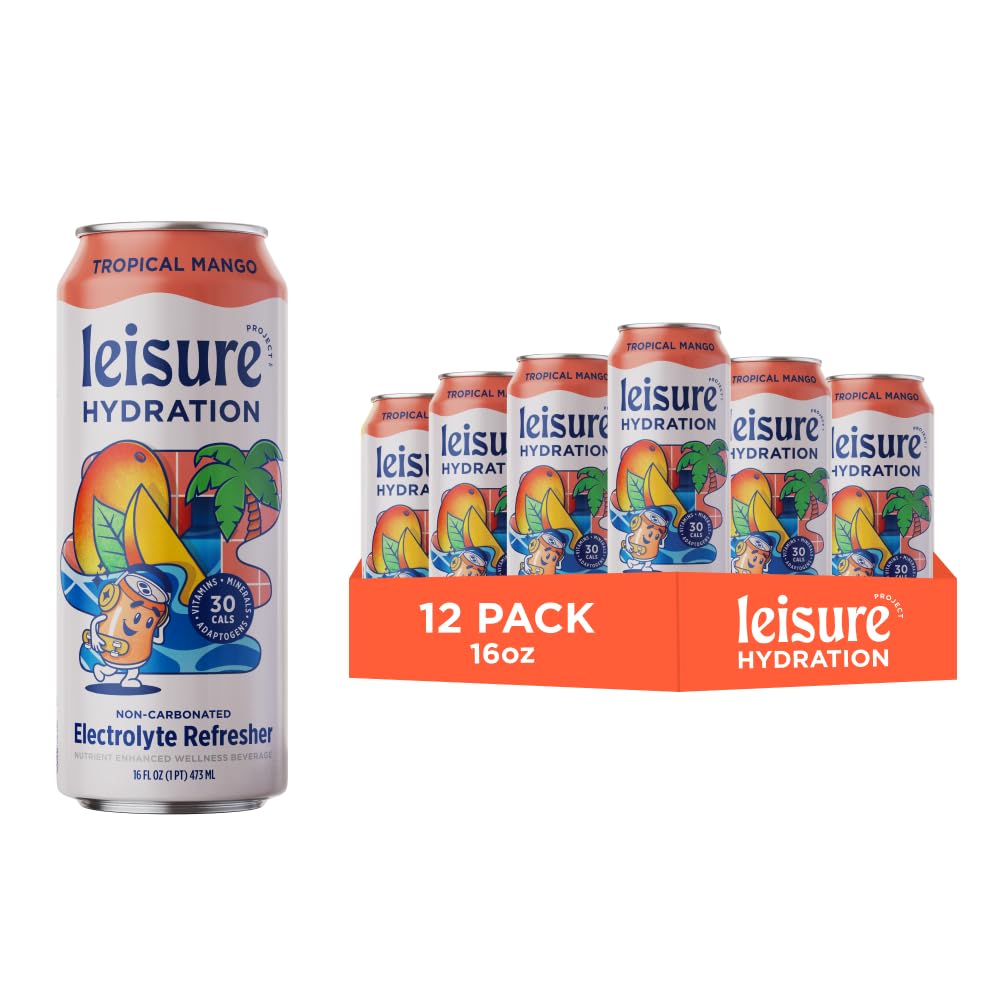 Leisure Hydration Non-Carbonated Electrolyte Refresher, Tropical Mango Flavor - Low Sugar Nutrient Enhanced Water Beverage - Get The Best Hydration Packed w/ Magnesium & Ashwagandha For Mood & Stress Support, Non-GMO, 16 oz (12-Cans)