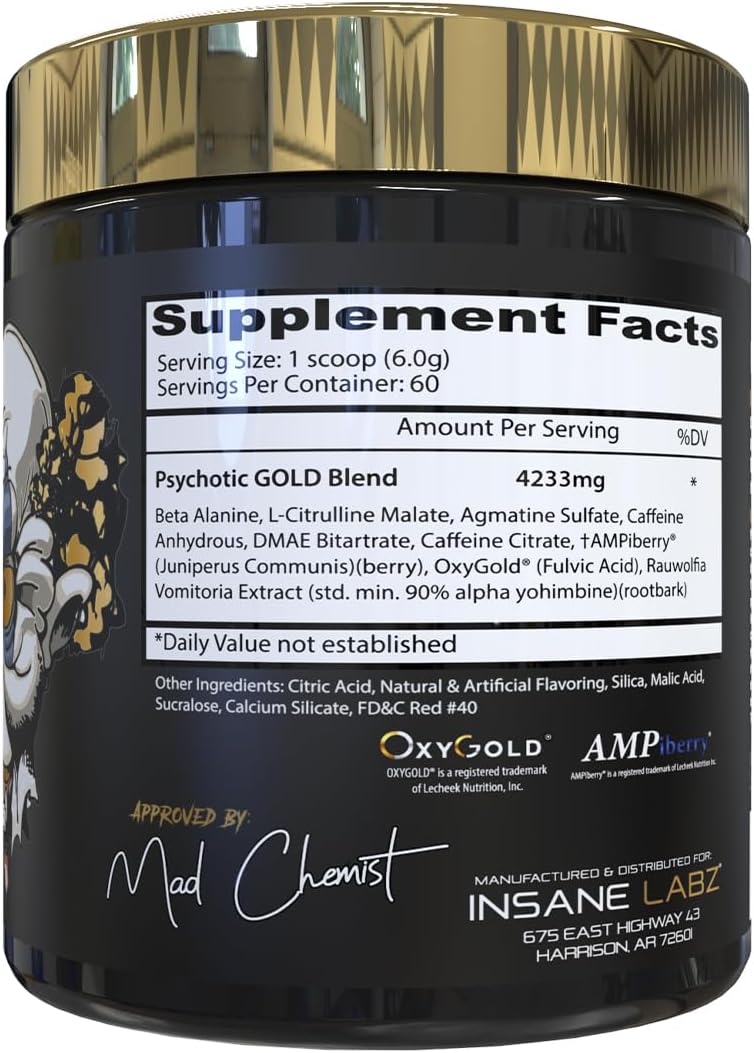 Insane Labz Psychotic Gold, High Stimulant Pre Workout Powder, Extreme Lasting Energy, Pumps and Endurance with Beta Alanine, DMAE Bitartrate, NO Booster (60 Servings, Fruit Punch)