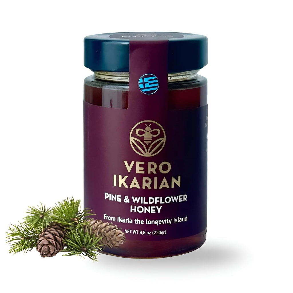Greek Superherbs - Ikaria Honey, Pine & Wildflower 250g (8.8 oz) - 100% Organic, Raw, Unfiltered Blue Zone Longevity Honey with Earthy Flavor - Antioxidant Rich for Wellness, Energy & Immunity Support