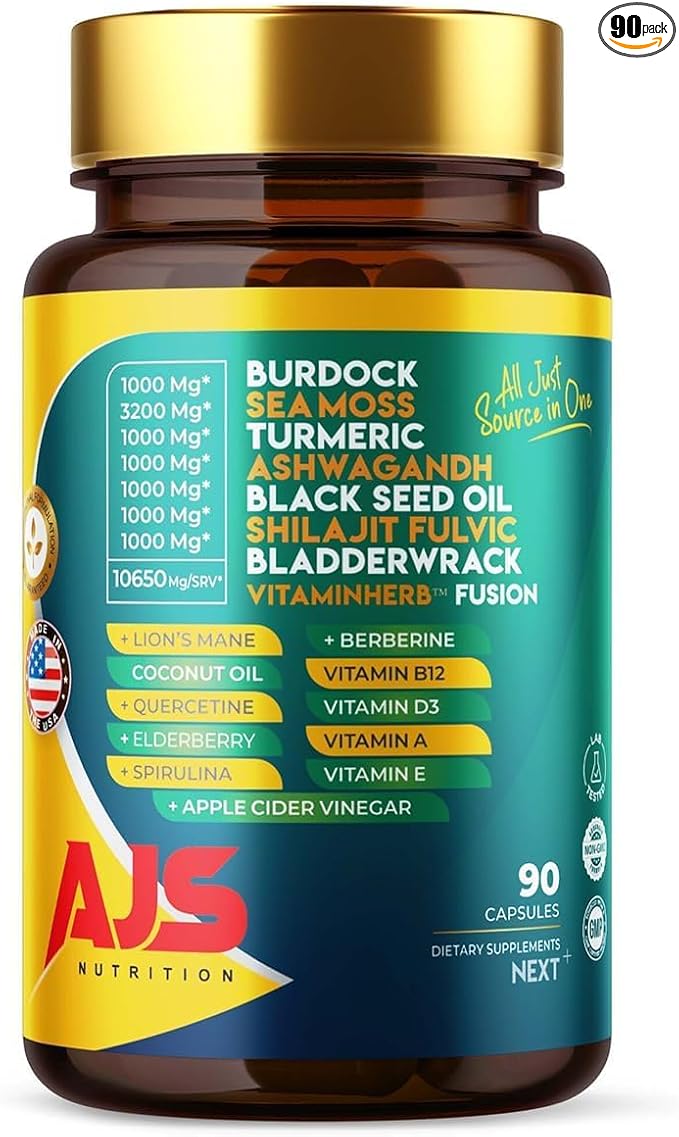 AJS Sea Moss Capsules 3200mg, Himalayan Shilajit 1000mg with Black Seed Oil, Ashwagandha, Turmeric, Bladderwrack, Burdock, Vitamins, Berberine, Lion’s Mane Mushroom, Elderberry- 90 Caps, 2 Pack