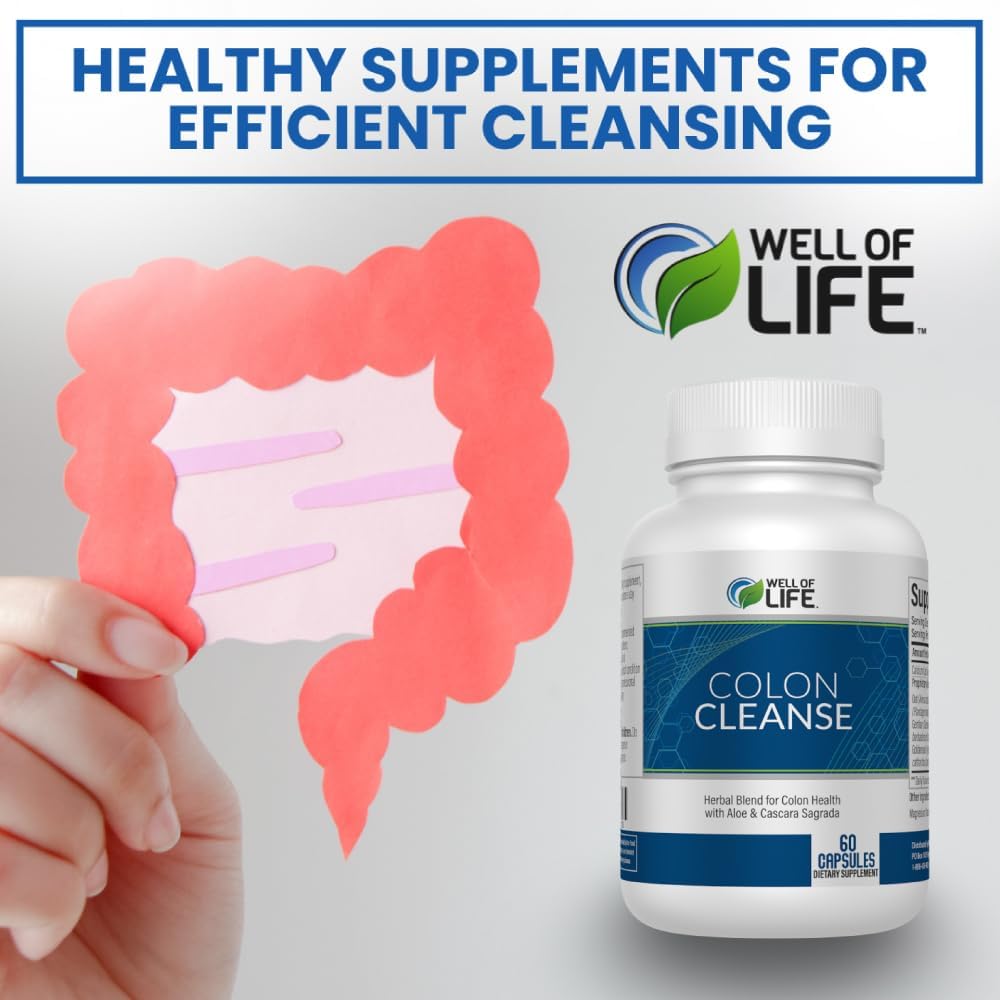 Well of Life: Colon Cleanse: Aloe Vera, Cascara Sagrada, Rhubarb Root, Bentonite. Helps in Digestion, Helps Relieves Constipation. 700mg | 60 Vegetarian Capsules. Vegan, Non-GMO. USA-Made.