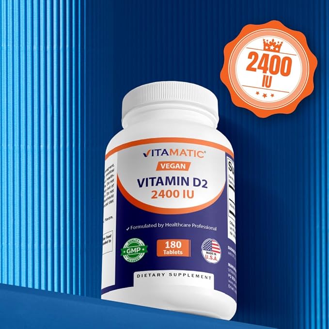 Vitamatic Vitamin D2 60 mcg (2400 IU) - Ergocalciferol - 180 Vegetarian Tablets (180 Tablets (Pack of 1)) (2 Bottles)