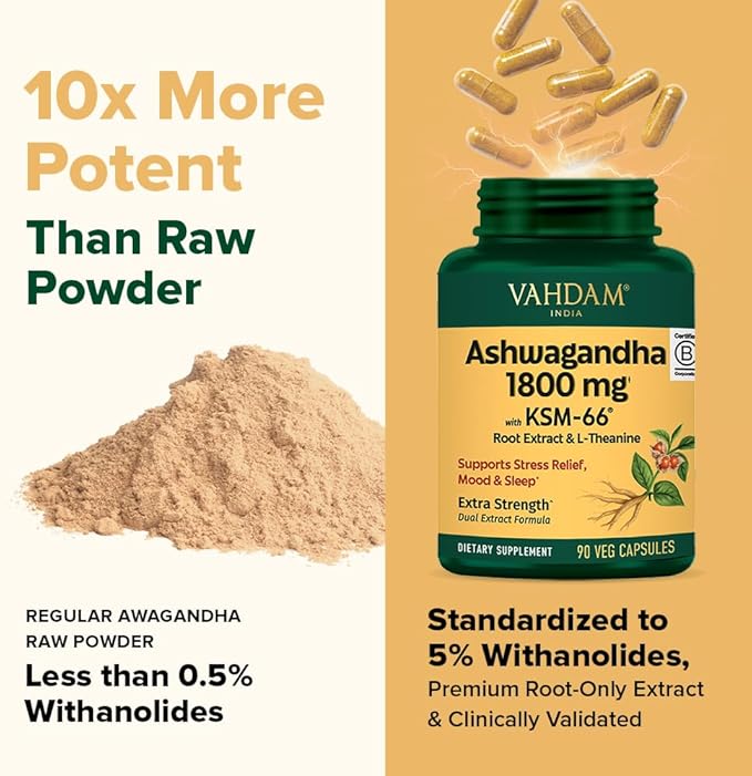 VAHDAM Ashwagandha Supplement 1800mg with Ashwagandha Root Extract and L-Theanine | Support Stress Relief, Mood and Sleep | 90 Capsules