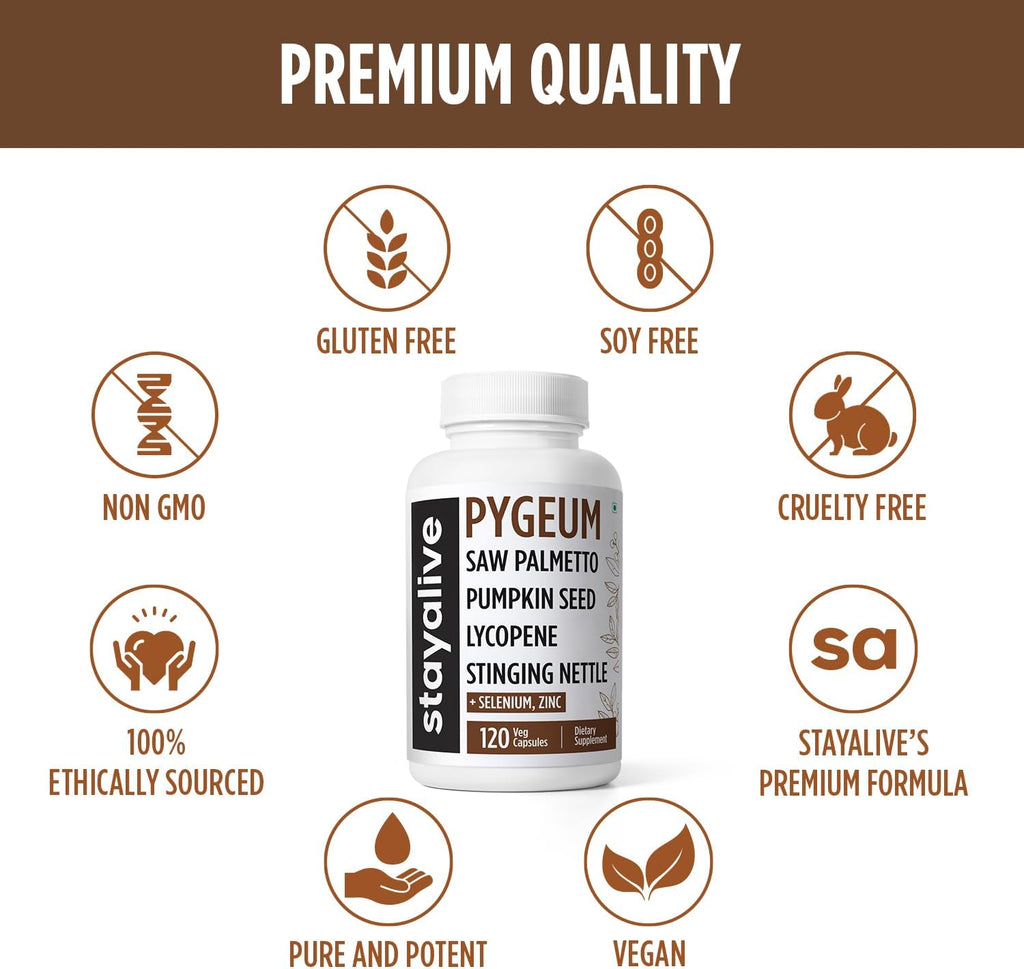 STAY ALIVE Pygeum Africanum Supplement, 7-in-1 Extract w/Saw Palmetto, Pumpkin Seed, Stinging Nettle and Lycopene, 120 Vegan Capsules, Non-GMO and Gluten-Free Pygeum Supplement for Men and Women