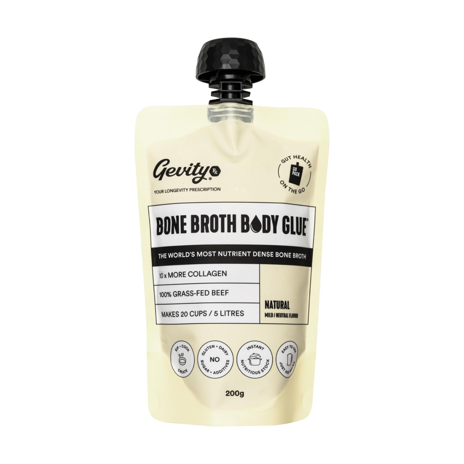 Gevity Rx Bone Broth Body Glue- NATURAL, Go Pouch, Bone Broth Concentrate, 10x more collagen*, The Most Nutrient Dense, Sip-Cook- Create, 100% Grass Fed Beef, 20 servings|5 Litres,7.05 Ounce Pack