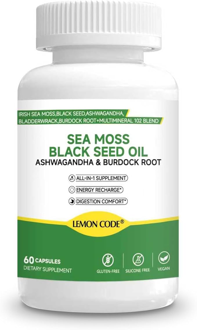 Sea Moss & Black Seed Oil Capsules with Burdock & Bladderwrack & Ashwagandha, Vitamin C&D,Natural Herbal Complex for Daily Balance, Energy & Digestive Support, Vegan, Non-GMO, 60 Capsules