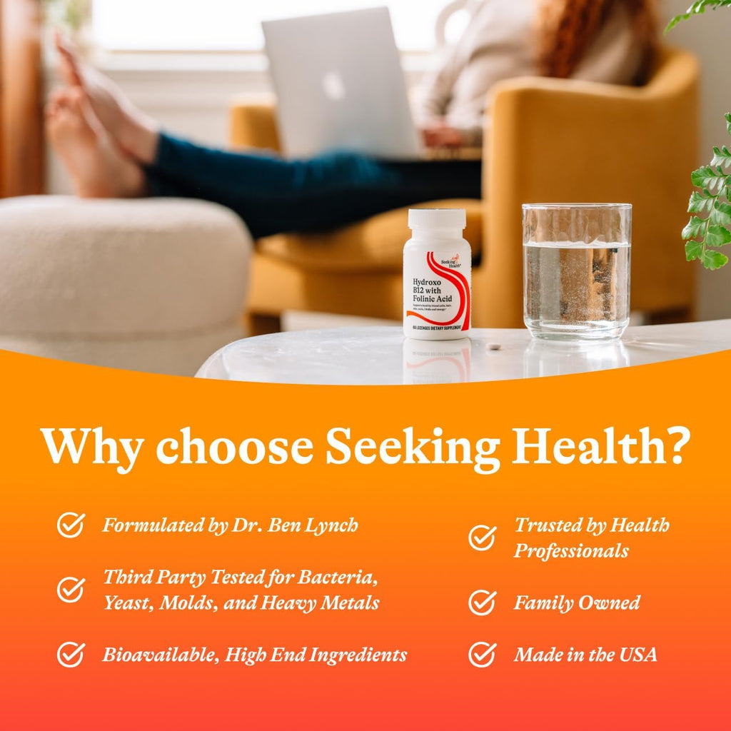 Seeking Health Hydroxo B12 with Folinic Acid, 1,000 mcg Vitamin B12 and 800 mcg DFE Folate Supplement, Supports Methylation and Homocysteine Levels, Energy Support, Vegan & Vegetarian (60 lozenges)*
