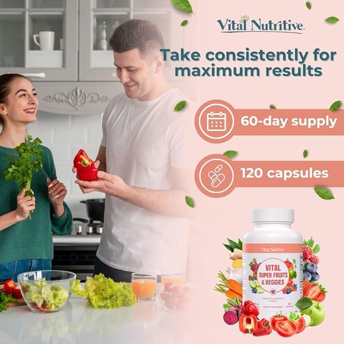 Vital Super Fruits & Veggies - Daily Superfood Capsules for Adults - Fruit & Vegetable Supplements to Boost Immunity & Energy - 2-in-1 Formula for Overall Wellness