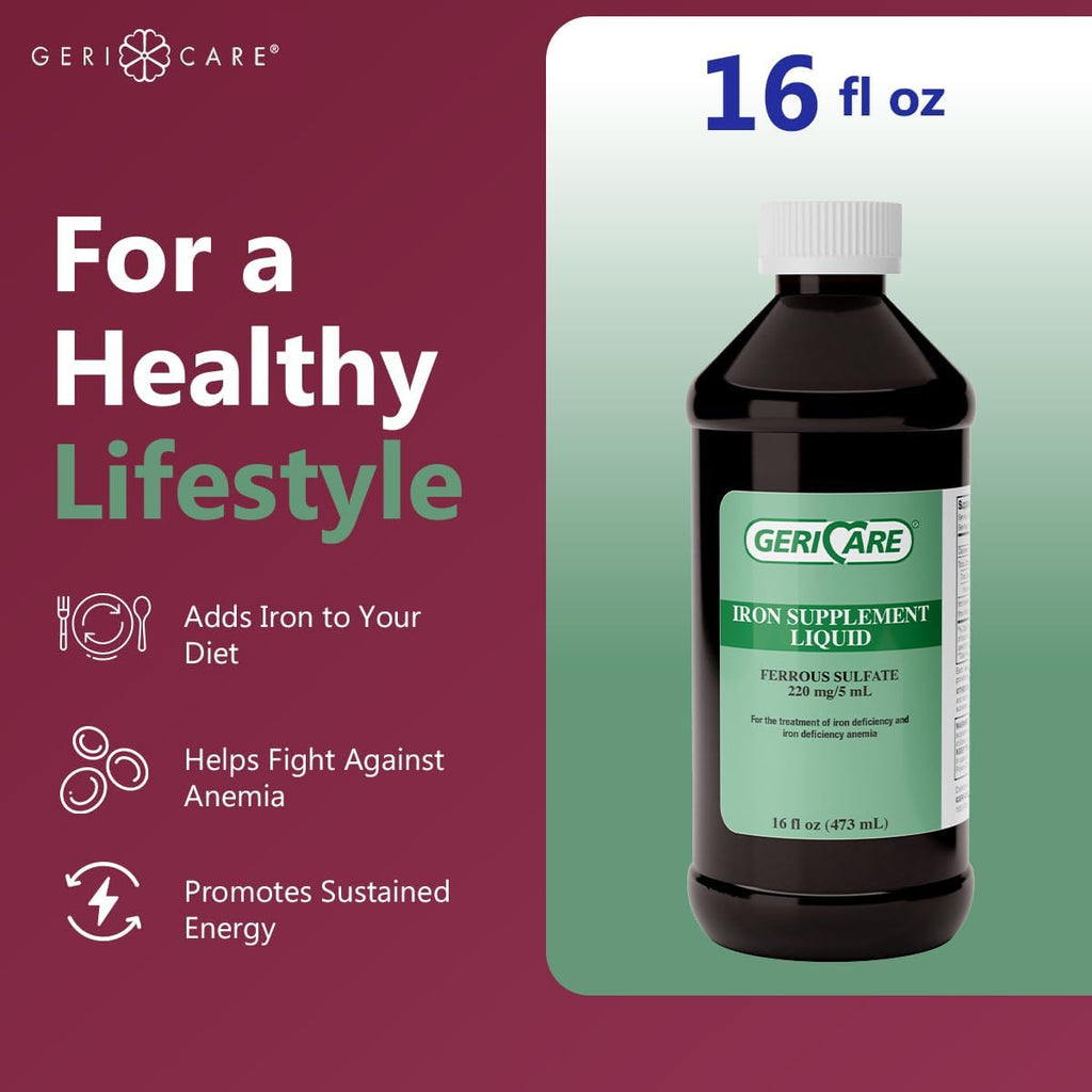 GeriCare 220 High Potency Liquid Iron Supplement | Liquid Iron for Adults | for Anemia and Iron Deficiency | 220mg of Iron Per 5mL Dose. (Pack of 1)