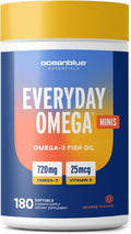 Oceanblue Essentials Everyday Omega Minis | Burpless Fish Oil with Vitamin D3 | Heart and Immune Support | Easy to Swallow Mini Softgels | Orange Flavor | 3 Month Supply (180 Count Minicap)