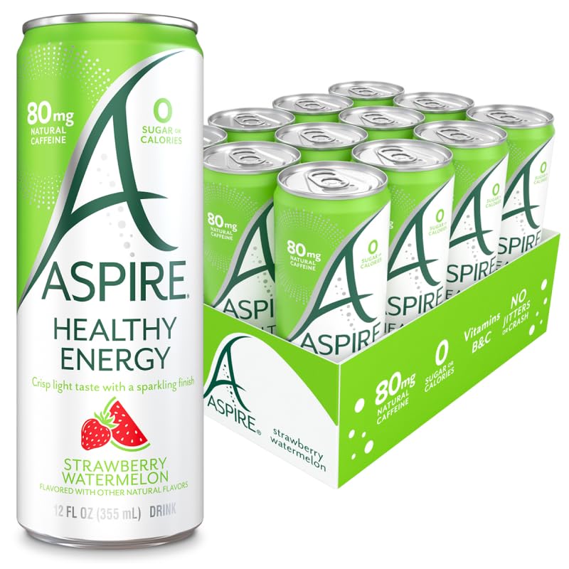 ASPIRE® Strawberry Watermelon, Healthy Energy Drink 80mg Natural Caffeine, Zero Sugar No Carbs Keto Friendly, 12 Pack Green Tea Sugar Free Drink Low Caffeine Zero Calorie