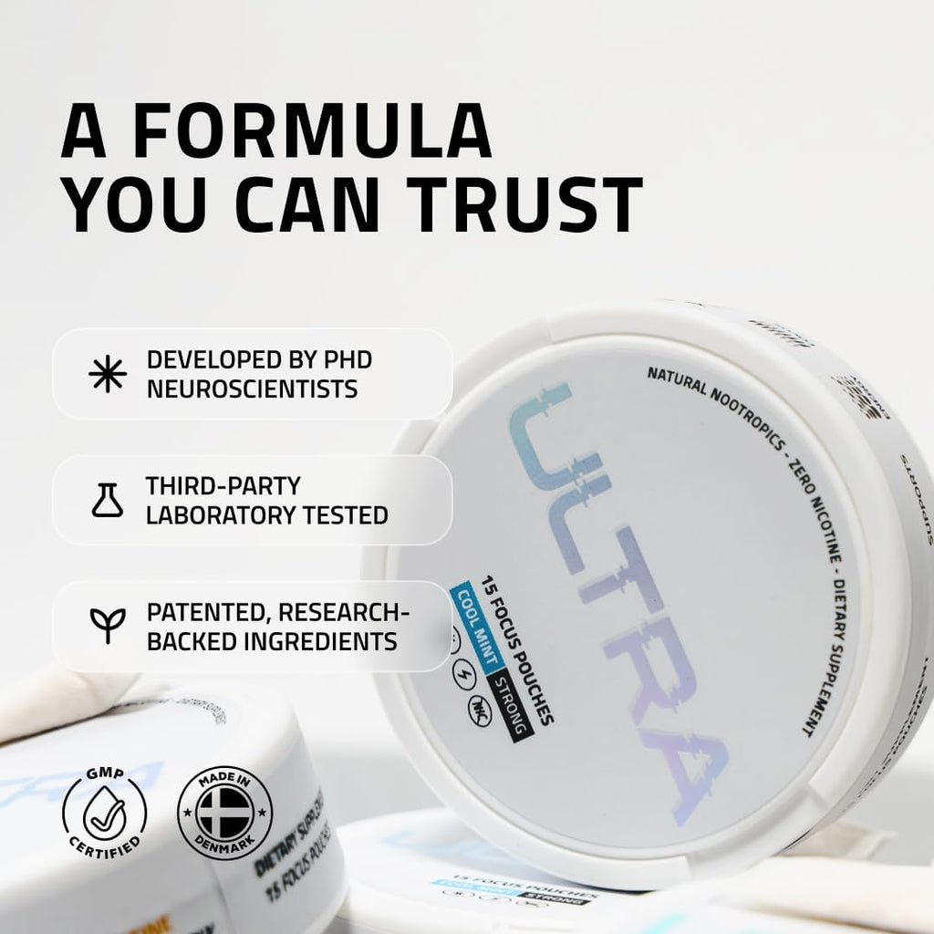 Ultra Focus Pouches with Vitamin B12, L Theanine, Vitamin B6, Ginseng & Alpha GPC, Natural Adaptogens and Nootropics for Energy and Clarity, Plant Based and Caffeine Free, Wintergreen, 3 Pack