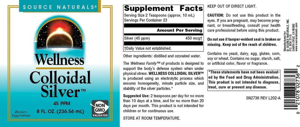 Source Naturals Wellness Colloidal Silver 45 ppm, Supports Physical Well Being* - 8 Fluid oz