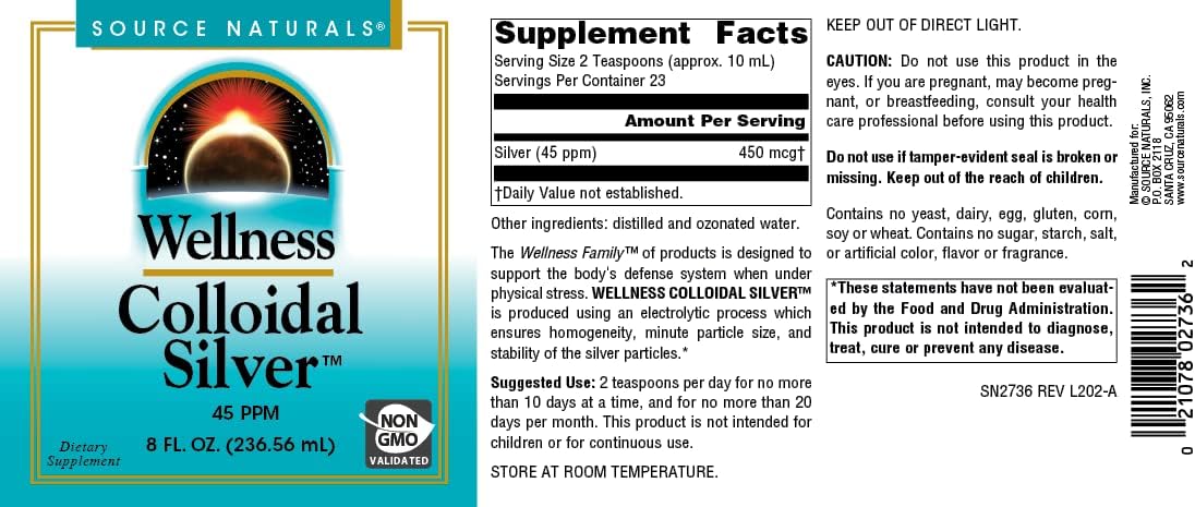 Source Naturals Wellness Colloidal Silver 45 ppm, Supports Physical Well Being* - 8 Fluid oz