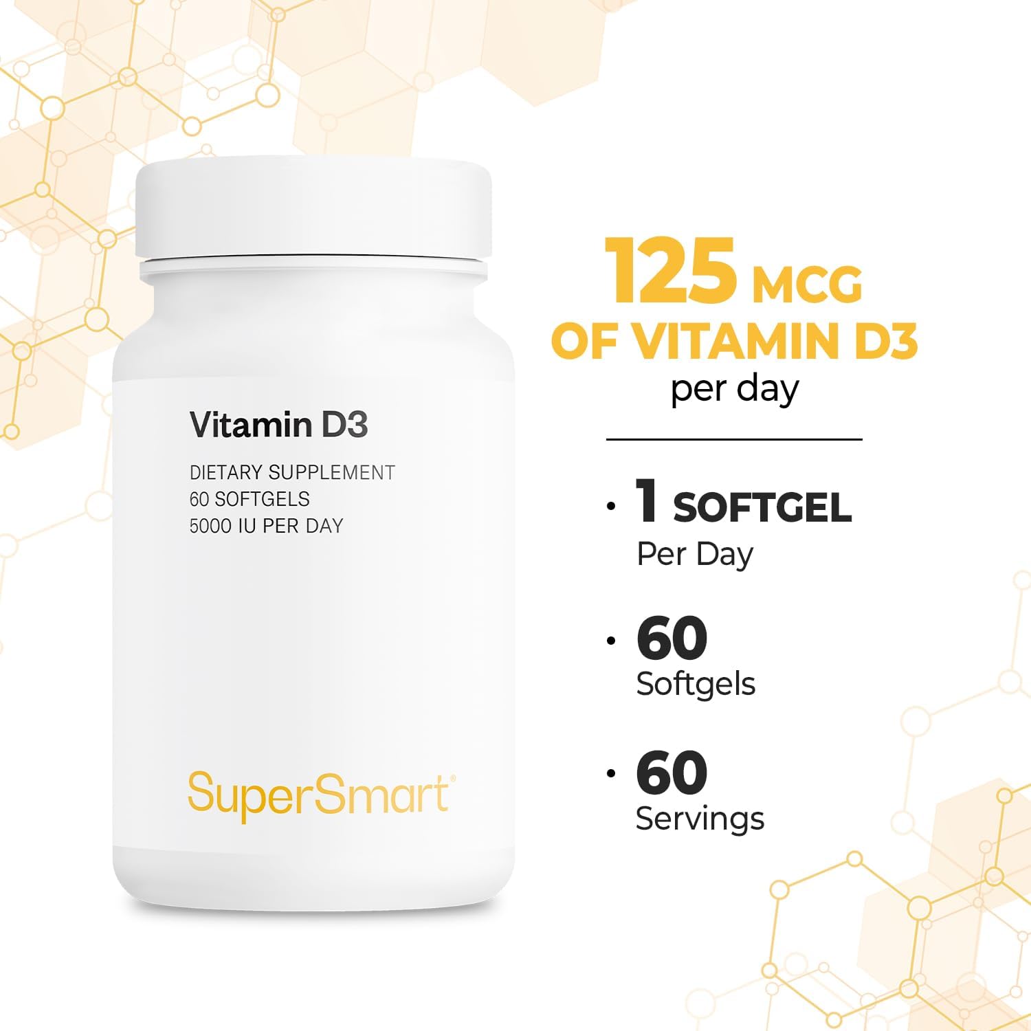 Supersmart - Vitamin D3 5000 IU per Day (125mcg) - High Potency & Bioavailability - with Sunflower Oil | Non-GMO & Gluten Free - 60 Softgels