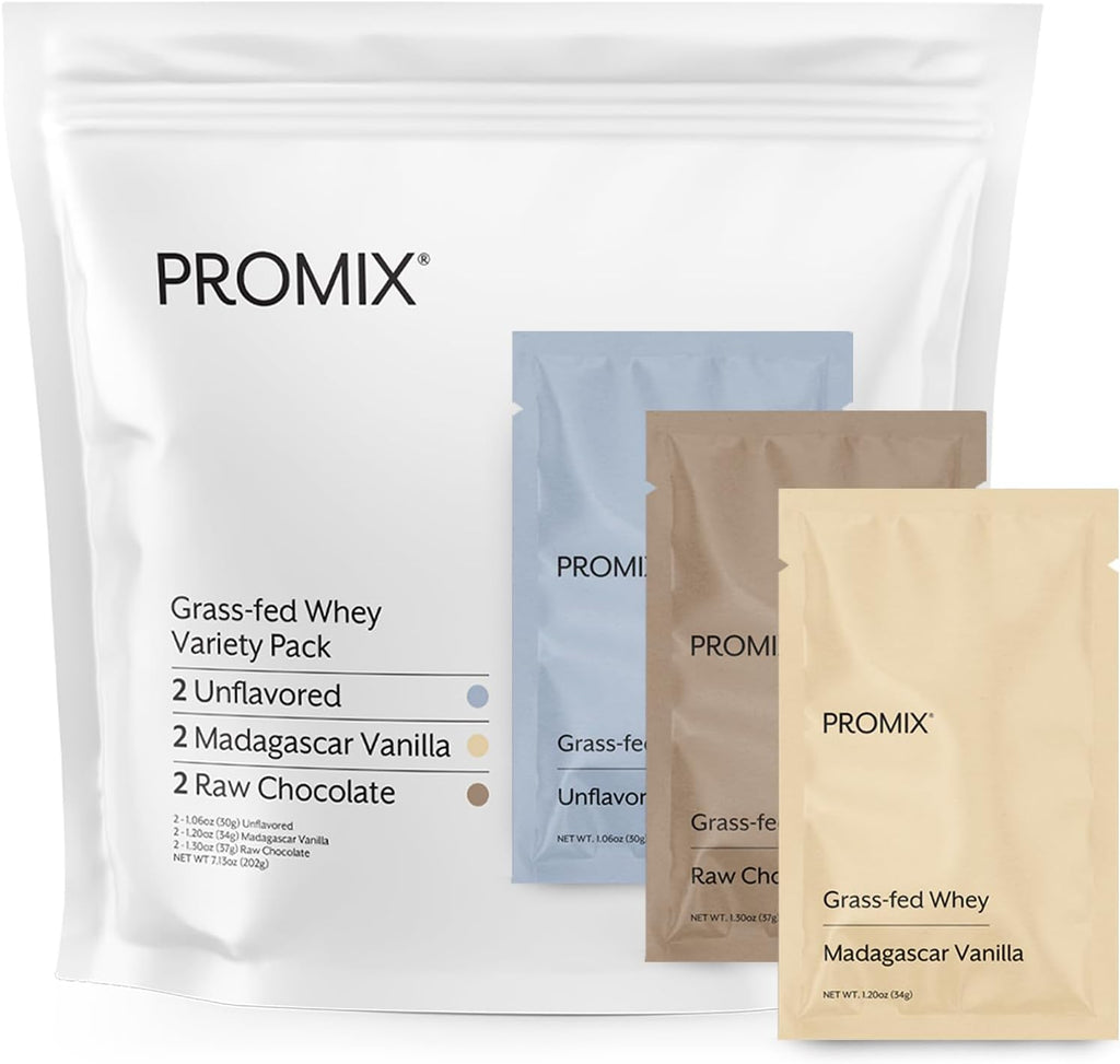 Promix Whey Protein Powder, Variety Pack (Unflavored, Vanilla, & Chocolate Flavors) Grass-Fed & 100% All Natural - ­Post Workout Fitness & Nutrition Shakes, Smoothies, Baking & Cooking Recipes