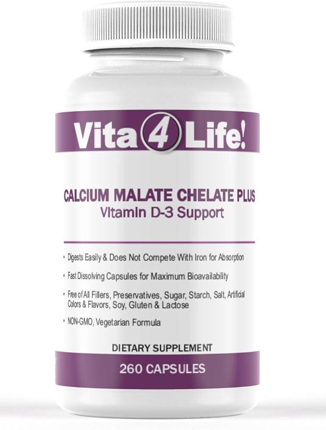 Vita4Life!® Calcium Malate + D3 Fast-Dissolve Capsules, 1200 mg Bioavailable Calcium, 800 IU Vitamin D₃, Non-GMO, Gluten- & Dairy-Free (260 Count)