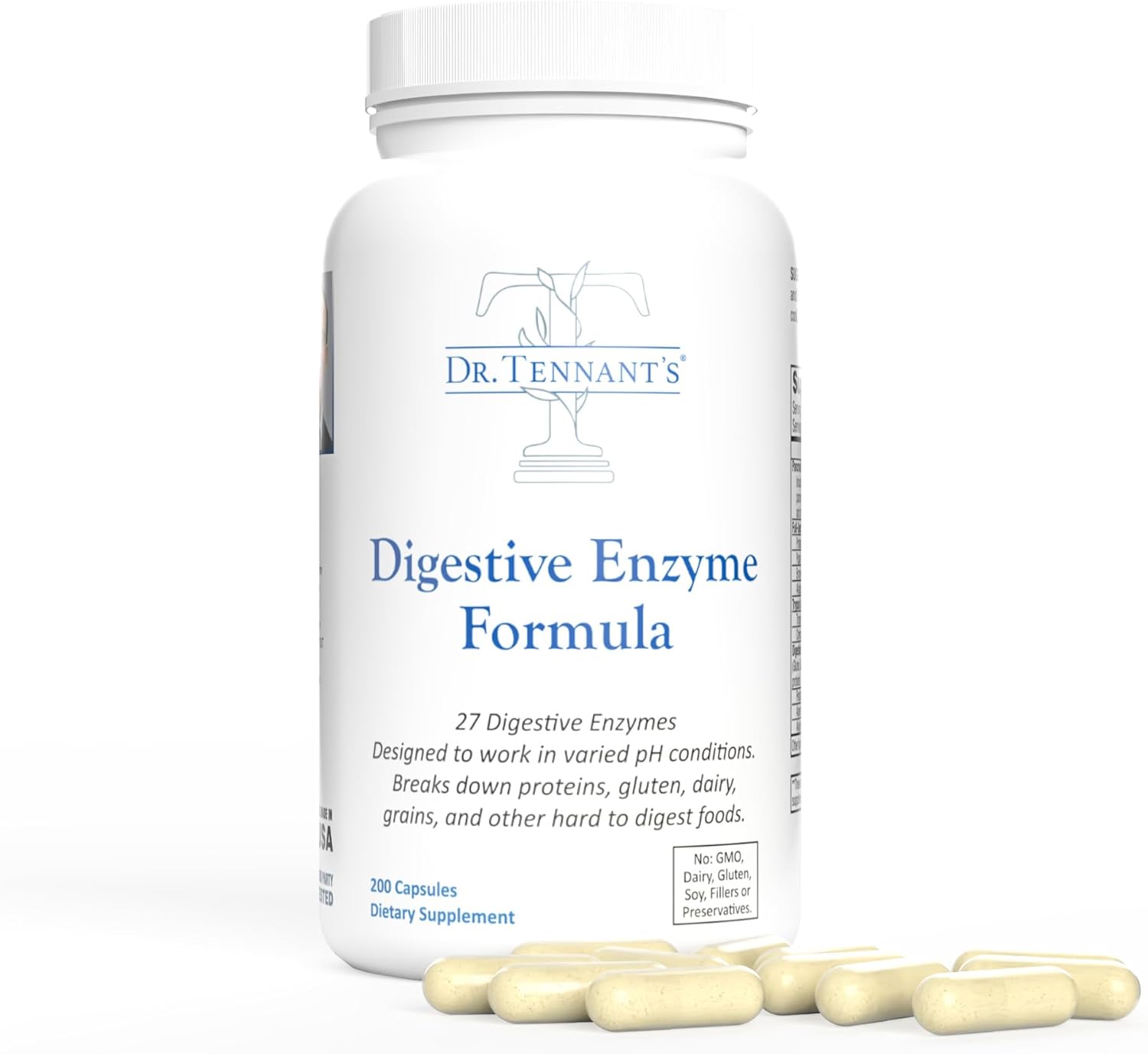 Dr. Tennant's Digestive Enzymes | GERD, Heartburn & Acid Reflux | Gut Health | 2X DPP-IV Enzyme for Gluten Digestion | 200 Capsules