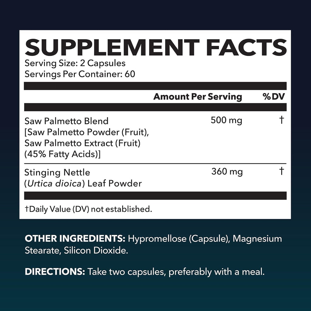 Saw Palmetto with Stinging Nettle Capsules - 2X Prostate Support Supplement for Men’s Health - 120 Count - DHT Blocker for Urinary Tract Function and Hair - Vegan, Non-GMO - 2 Month Supply