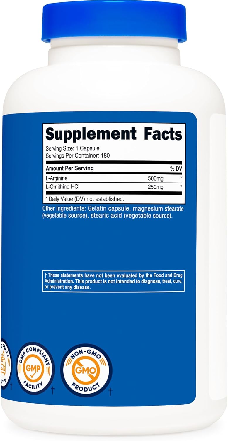 Nutricost L-Arginine L-Ornithine 750mg; 180 Capsules (2 Bottles)
