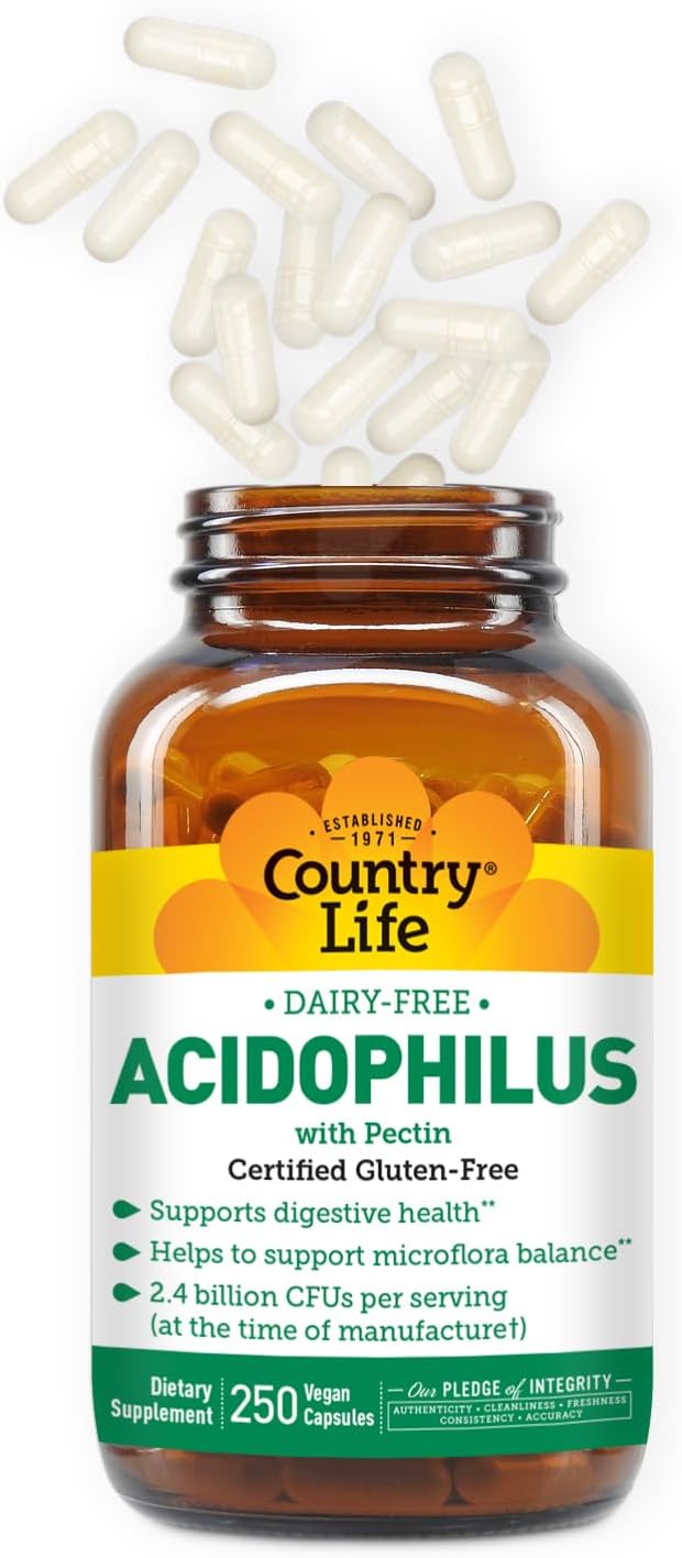 Country Life Acidophilus Probiotic Supplement for Women & Men - Free from Common Allergens - 2.4 Billion CFUs to Support Digestive Health - Dairy-Free, Non-GMO, 250 Vegan Capsules