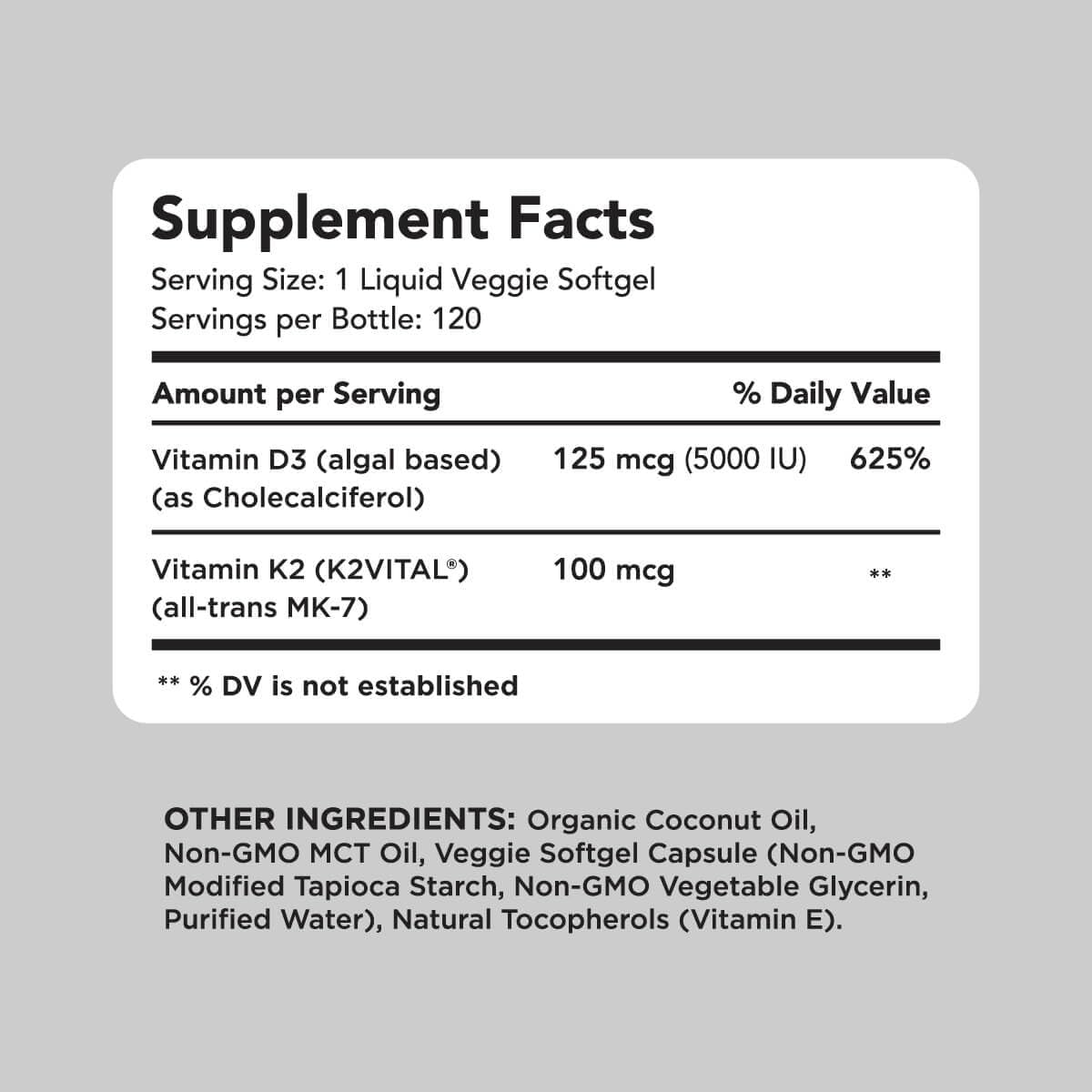 AMANDEAN Vegan Vitamin D3 K2. 5000 iu from Algae. All-Trans MK-7. 120 Softgels. Plant-Based & Carrageenan Free. Organic Coconut Oil Blend. for Mood, Bones, Heart, Immune Health (Packaging May Vary)