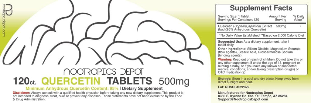 Nootropics Depot Quercetin Tablets | 500mg | 120 Count | 95% Anhydrous Quercetin