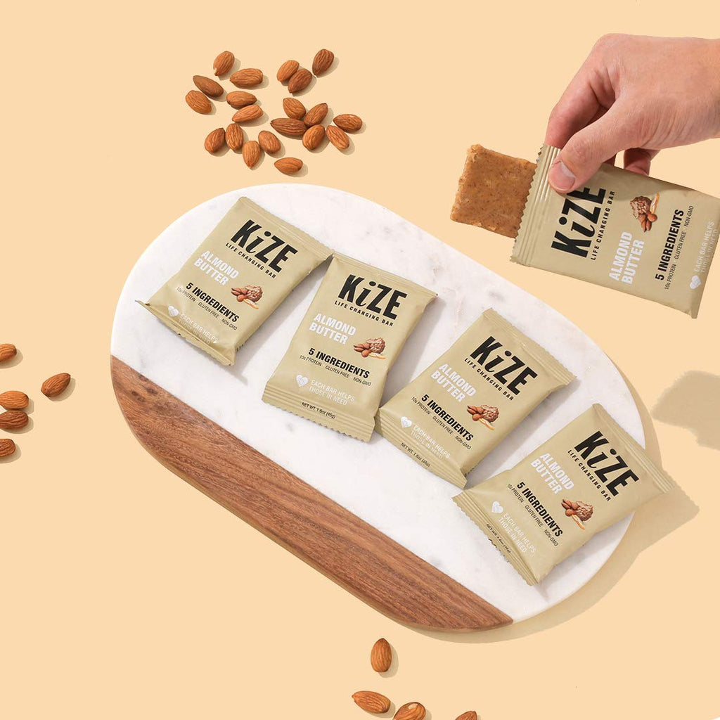 KiZE Energy Bars - Almond Butter - Almond-Butter-Based, Gluten Free, Non-GMO, and High Protein Meal Replacement Energy Bars, Clean and Simple Food Ingredients - 10g High Protein Snacks, (10 Count)