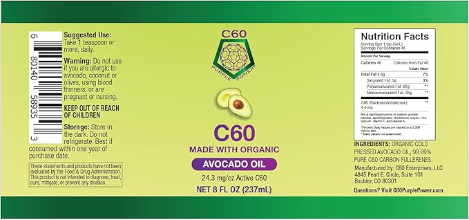 C60 Power C60 in Organic Avocado Oil - Natural Wellness & Antioxidant Support for Men & Women, 99.99% Pure Carbon Fullerenes, Promotes Energy, Mental Clarity, & Stamina - 8 fl oz Bottle