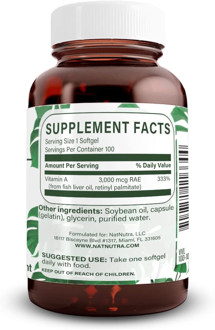 Natural Nutra Vitamin A 10,000 IU Softgels – High Potency Eye and Skin Vitamins – Gluten-Free - Supplement for Sight & Skin Health – Fish Liver Oil for Men and Women, Gluten Free 100 Softgels (3 Pack)