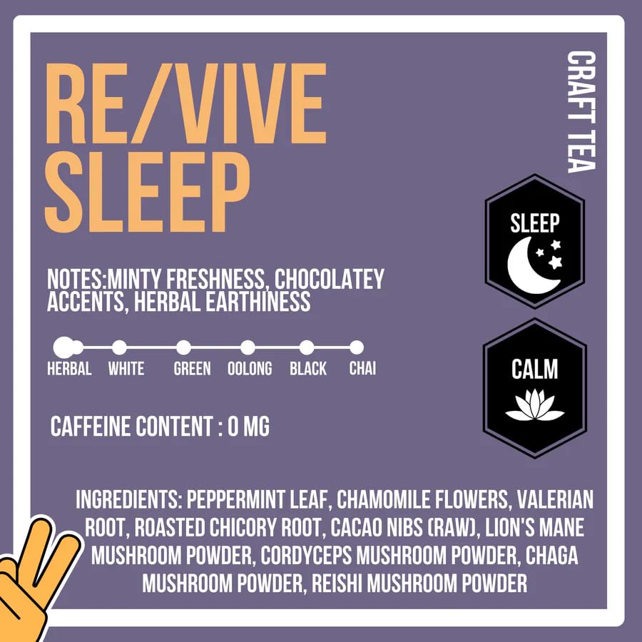 Revival Tea Company RE/VIVE - Mushroom Coffee Alternative Sleep Formula - Herbal Tea made from Peppermint Leaf, Valerian Root, and Mushroom Powder - Caffeine-Free - 3 Ounces