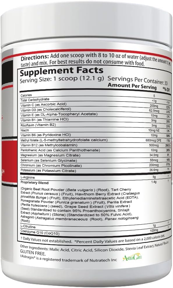 Drink Mix, Mixed Berry, L-Arginine 5000mg, L-Citrulline 1000mg, Vitamins B12, C, D3, Beet Root, 30 Servings, 363 Grams, Premium Wellness Support, Nitric Oxide, Cardio