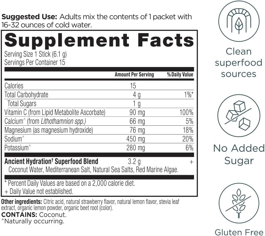 Ancient Nutrition Rapid Hydration Powder, Strawberry Lemonade, Electrolytes from Natural Sea Salts and Red Marine Algae, Supports Rapid Body Hydration and Cellular Health, 15 Servings