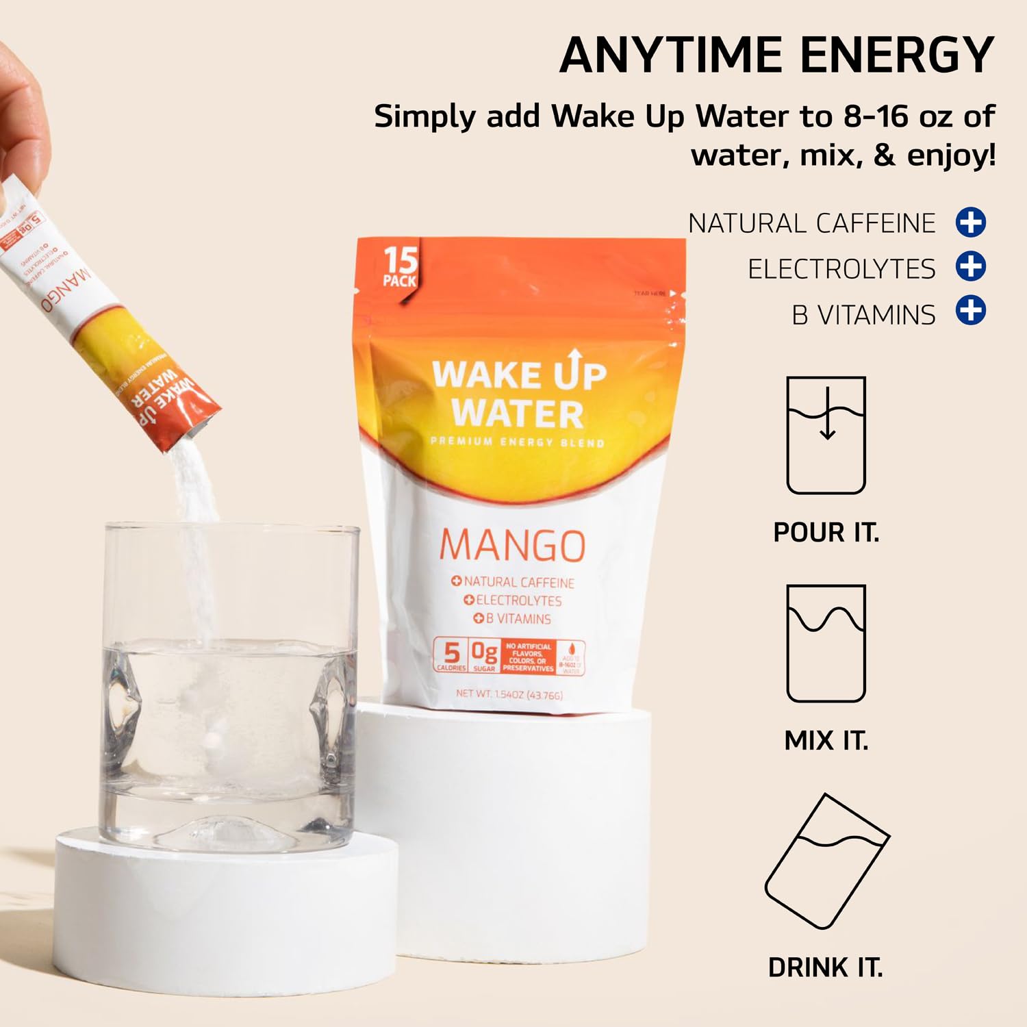 Wake Up Water - Energy + Hydration Sugar Free 15 Packs, Mango Flavor - Energy Drink Powder, Electrolytes Powder Drink, Natural Caffeine Mix Packet, B Vitamins, 5 Calories, Gluten Free - .10 oz (2.9g)