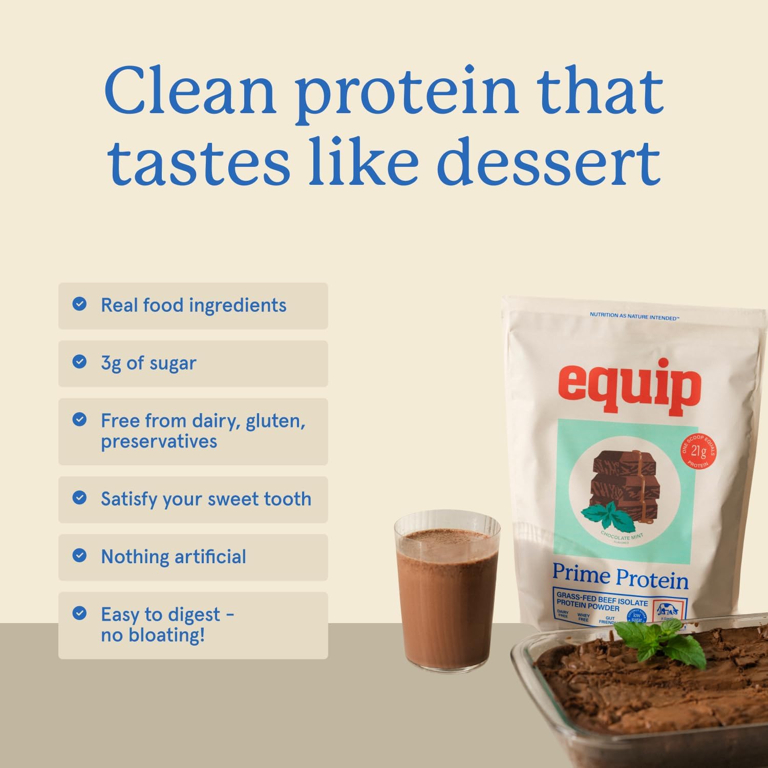 Equip Foods Prime Protein Powder | Clean, Grass Fed Beef Protein Powder for Women & Men | Carnivore Protein Isolate | Paleo, Keto Friendly | Gluten & Dairy Free | 30 Servings, Chocolate Mint