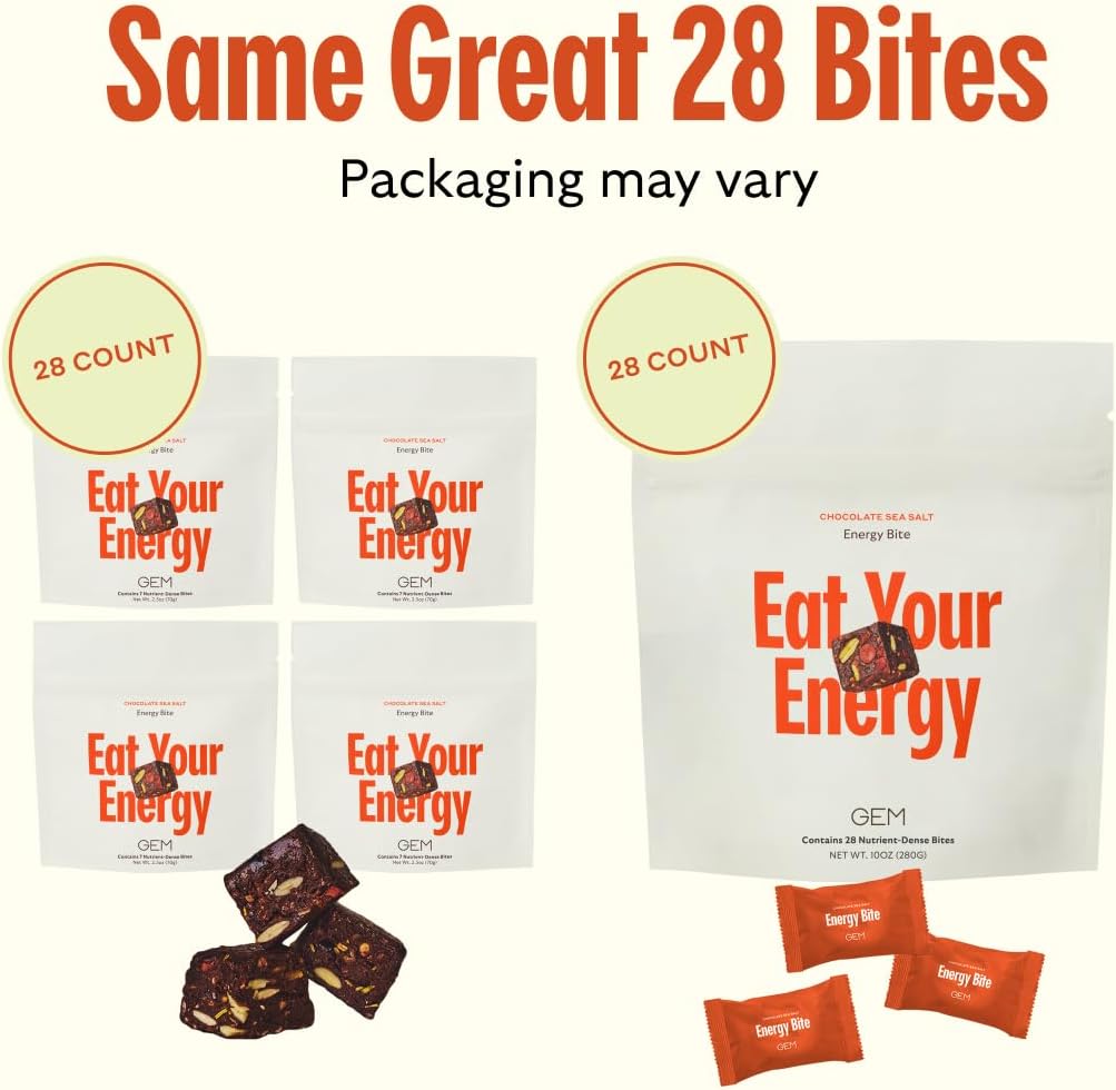 GEM Energy Caffeinated Bite, 40mg Caffeine, Ginseng Root, L-Theanine, Holistic Sustained Energy, Supports Metabolism, Stamina & Endurance | Chocolate Cacao Sea Salt | 28 Servings