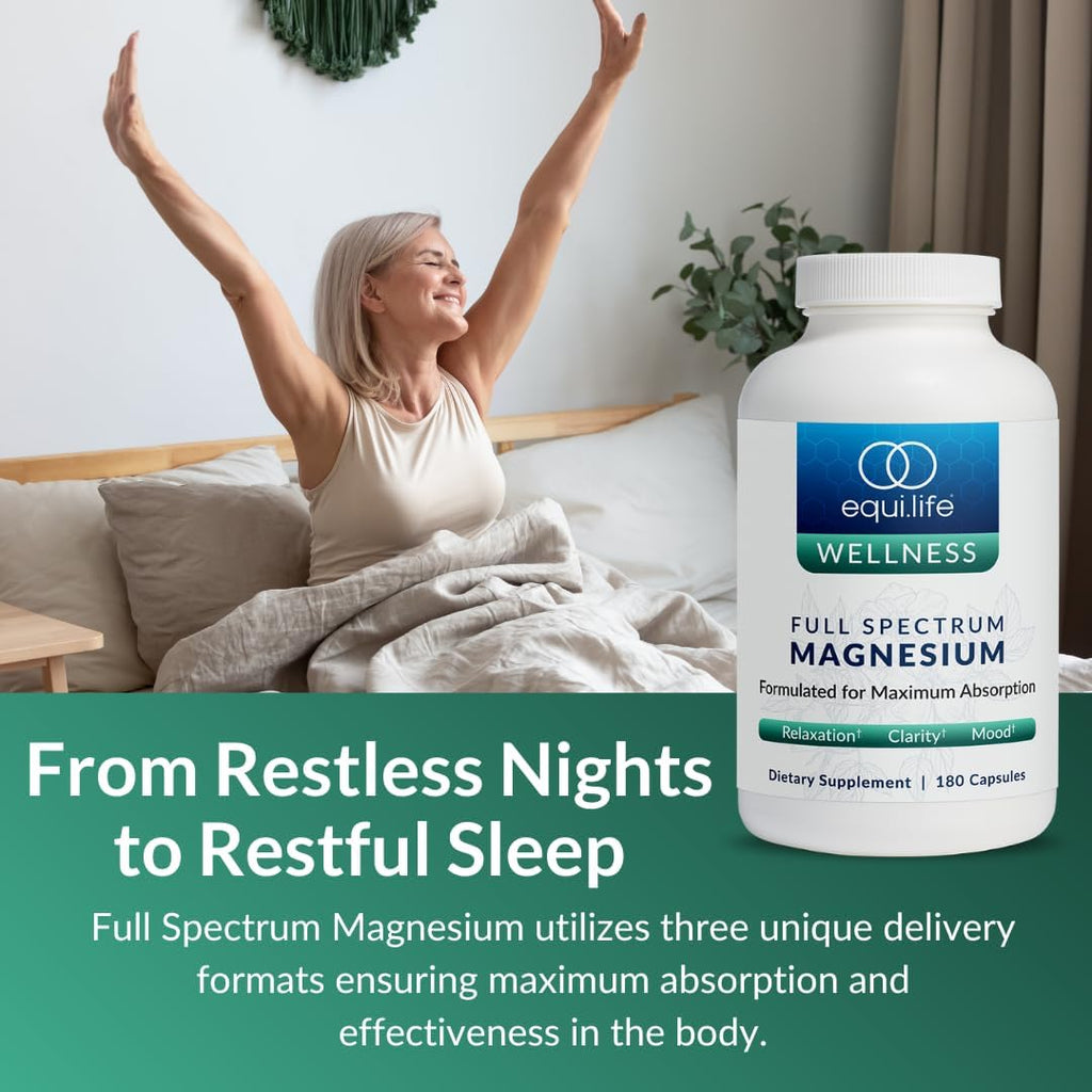 Equilife Full Spectrum Magnesium Supplement, Magnesium Glycinate, Citrate, & Malate, Bioavailable Mineral Blend, Dairy, Soy, & Gluten Free, Vegan, Non GMO, 180 Capsules