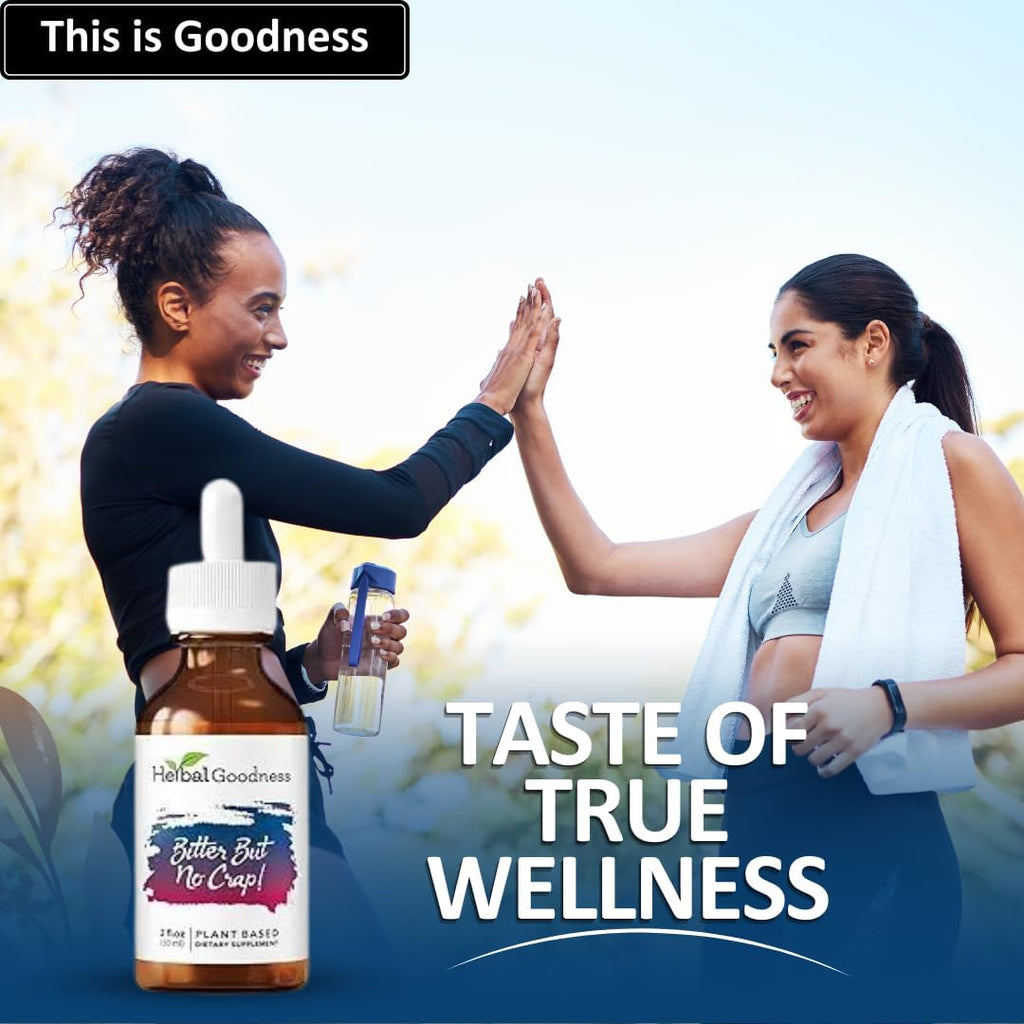 Herbal Goodness Bitter But No Crap Liquid Supplement for Body Cleanse, Energy Support and Health Boost | Non-GMO Burdock Root Organic, Bitter Melon, Maca Root, Dandelion Root - 2 fl. oz per Bottle