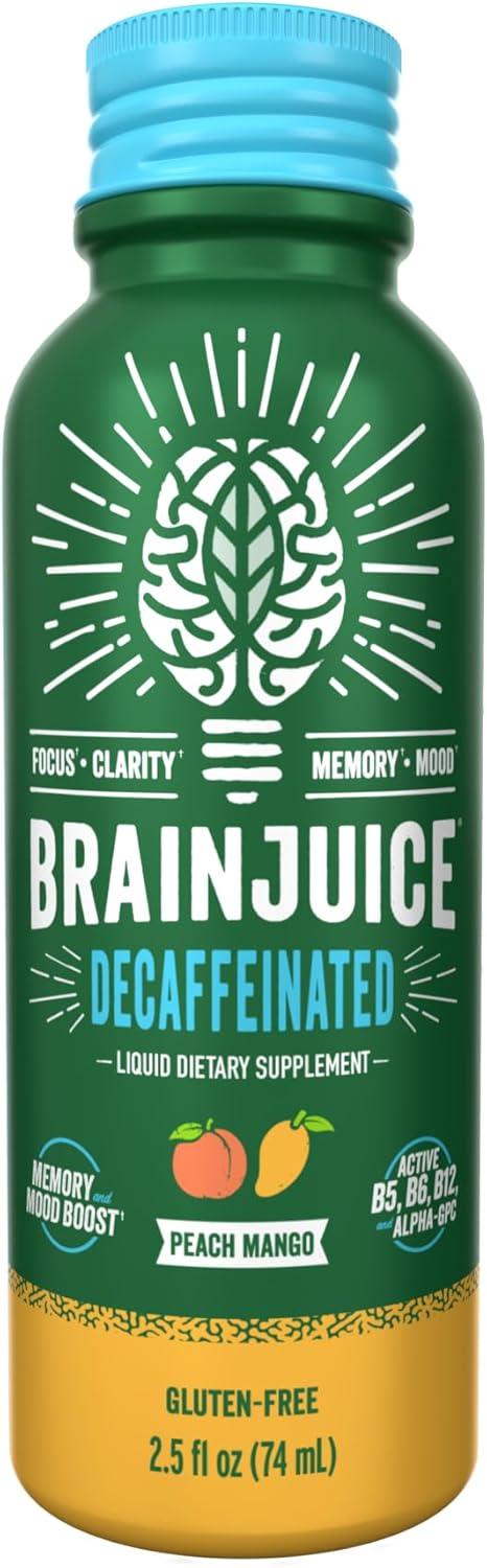 BrainJuice Decaf Brain Support Shot, Gluten Free Supplement Shots for Energy & Focus, Healthy Drinks with Alpha GPC, Vitamin B & Decaffeinated Green Tea Leaf, Peach Mango, 2.5 fl oz, 12 Pack