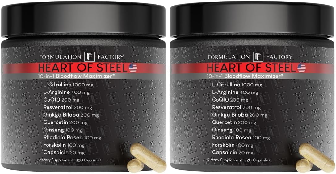 Heart of Steel: 10-in-1 Metabolic Maximizer Nitric Oxide Supplement, Blood Pressure Support, L Arginine, L Citrulline Natural Pre-Workout: Energy Management 240 Count (2 Pack)