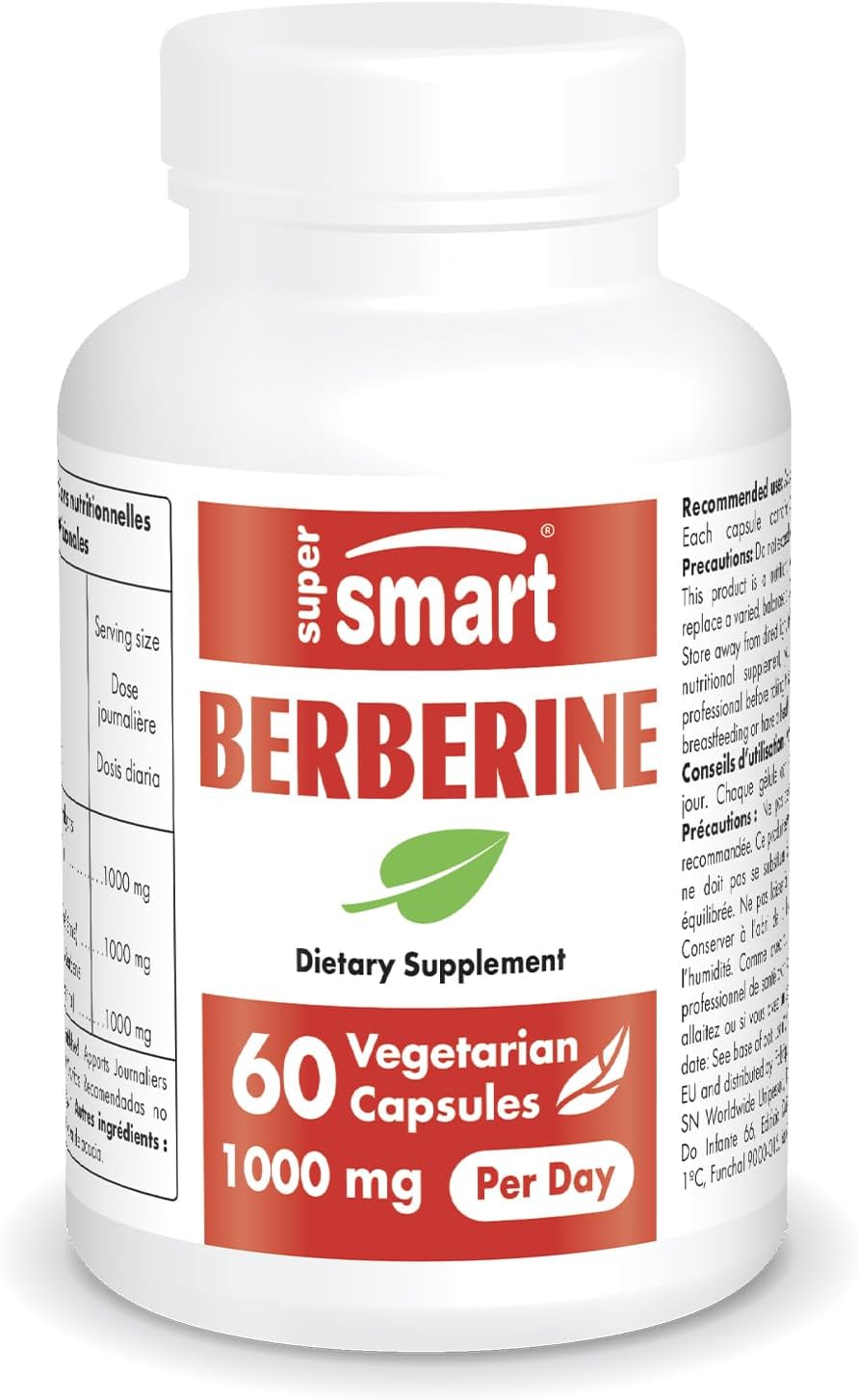 SuperSmart - Berberine HCl Supplement 1000mg per Day (Min. 97% Purity) - Potent Berberis Vulgaris Extract from Barberry | Non-GMO & Gluten Free - 60 Vegetarian Capsules